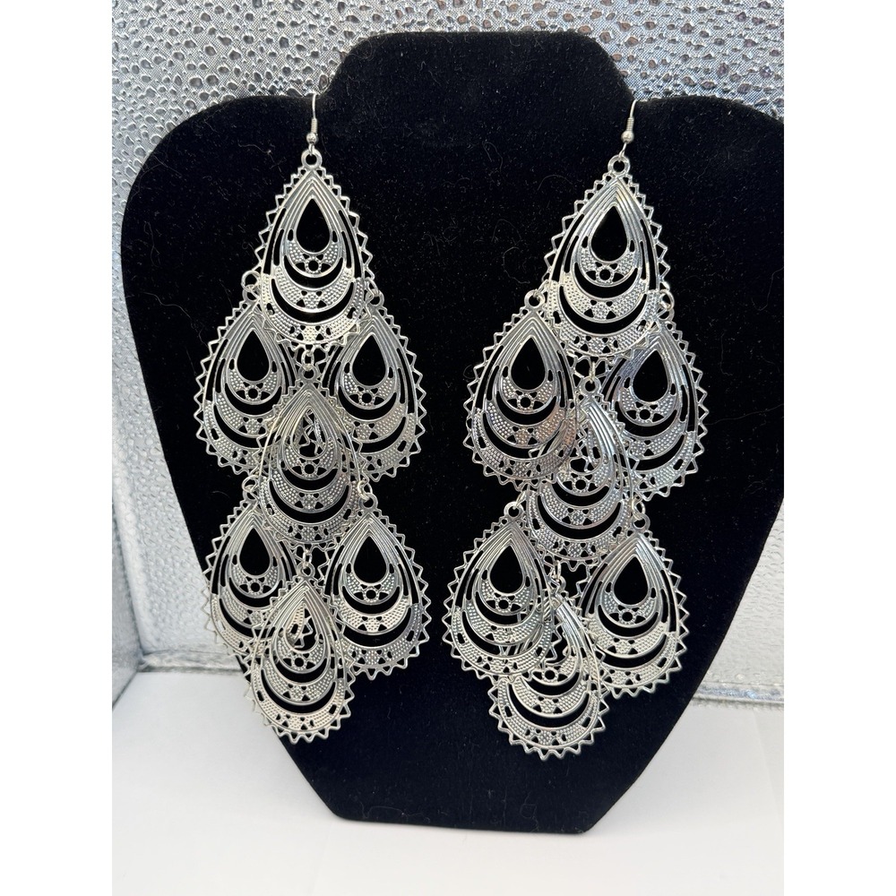 Chandelier Earrings Silver Tone Boho Dangle Large 7" cascading filigree teardrop - Picture 2 of 4